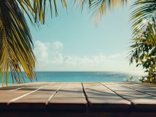 Wall Mural - Tropical beach wood table summer ocean mockup