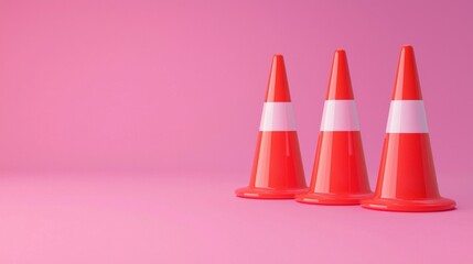 Aufkleber - Three vibrant red traffic cones are arranged on a smooth pink surface, creating an eye-catching visual. This striking setup captures a playful blend of safety and creativity, inviting curiosity