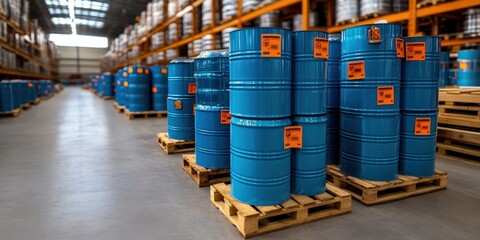 Poster - efficient industrial storage yard with blue drums warehouse inventory management organized space aes