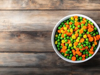 Poster - Bowl of fresh peas and carrots placed on a rustic wooden table surface