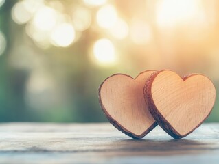 Poster - Two wooden hearts placed on a rustic table creating a warm and inviting atmosphere