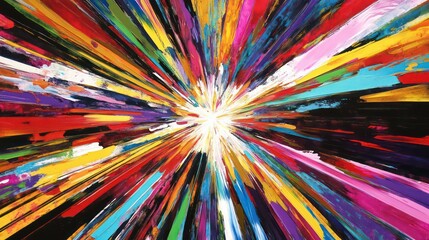 Poster - Vibrant multicolored abstract painting with radiating lines creating a burst effect.