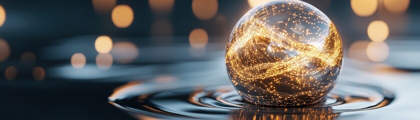 Poster - A luminous golden sphere composed of intricate AI data streams hovers above a deep black reflective surface, illustrating the concept of machine-driven wealth intelligence and technology's potential