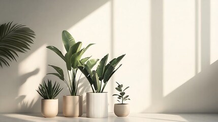 Canvas Print - Sunlit indoor plants in minimalist pots against a white wall.