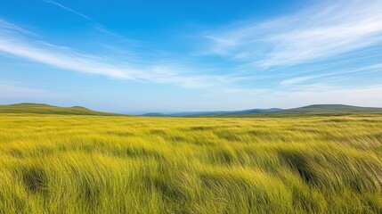 Aufkleber - Grassy field under a clear blue sky with clouds in a tranquil outdoor setting