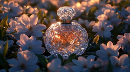 Wall Mural - Crystal perfume bottle, sunset, flowers, garden