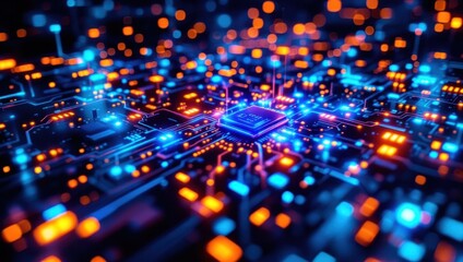 Fototapete - Glowing circuit board with microchip in futuristic neon colors