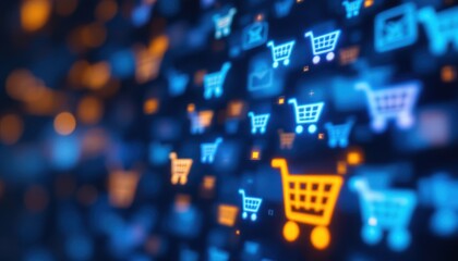 Poster - Glowing digital shopping carts on blue background representing e-commerce technology