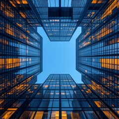 Poster - Architectural Ascendancy: A Low-Angle Perspective of Modern Skyscrapers Reaching for the Clear Blue Sky, Revealing the Interplay of Glass, Steel, and Light.