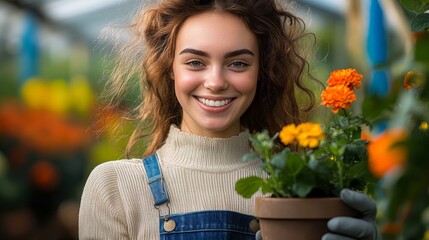 Wall Mural - Woman is holding a potted plant and smiling. Concept of happiness and contentment, as the woman is enjoying her time in the greenhouse. The potted plant adds a touch of nature