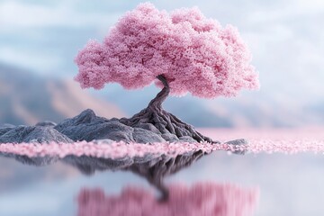 Canvas Print - A magnificent cherry blossom tree stands with its roots suspended above a calm, reflective lake