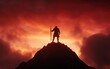 © Who is Santi - Crimson Horizon Warrior: A lone warrior's silhouette stands triumphantly atop a jagged mountain peak, holding a sword high against a blood-red and deep orange sunset.
