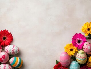 Poster - Colorful easter eggs and flowers arranged on a white background for spring celebration decoration