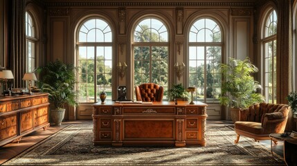 Canvas Print - Luxurious study, ornate desk, sunlit windows.