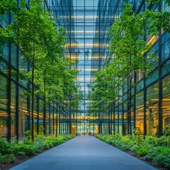 Leinwandbilder - Avenue of Green: A Modern Path Through Nature, Urban Oasis, Glass Architecture Blending with Lush Trees, Serene Walkway to Futuristic Building