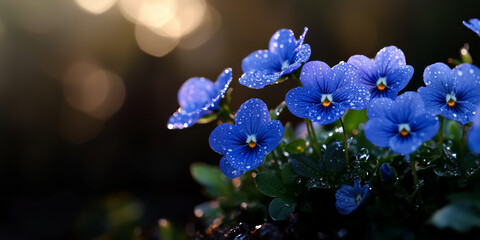 Poster - Closeup Of Vibrant Blue Pansies With Water Drops