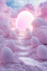 Sticker - A glowing pathway of levitating Easter eggs winds through a soft, pastel landscape, guiding the way toward a radiant portal amid fluffy clouds. This scene evokes renewal and transformation