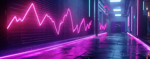 Fototapete - Neon wave patterns urban alley digital art futuristic environment perspective creative visualization