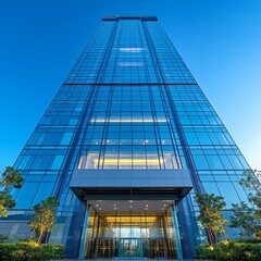 Aufkleber - Captivating View of a Modern Glass Skyscraper Towering Against a Brilliant Blue Sky, Showcasing Architectural Brilliance and Urban Landscape Design