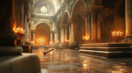 Wall Mural - Ancient hall, candlelight, marble columns, quiet mystery.