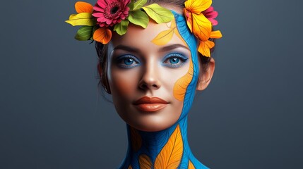 Wall Mural - woman with blue and orange face paint and a flower headband is the main focus of the image. the blue