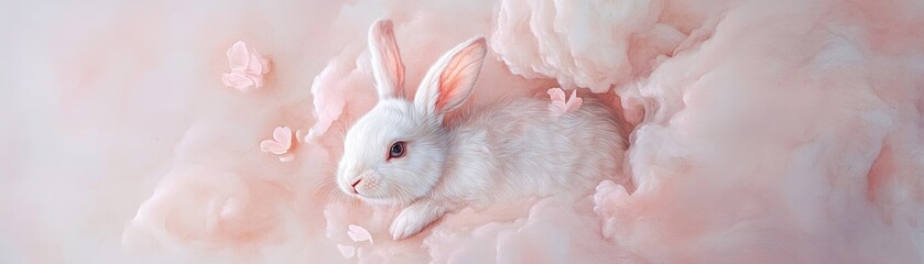 Poster - A delicate rabbit elegantly painted in soft watercolor merges with floating petals and gentle light, symbolizing a magical transformation and the essence of new beginnings