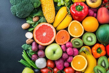 Poster - Variety of fresh fruits and vegetables displayed on a black background for culinary concepts