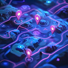 Poster - Navigation Illuminated: A digitally rendered map showcases a vibrant, glowing network of paths, marked with pins, charting a course through a stylized, futuristic landscape.