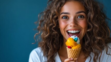 Wall Mural - Woman with curly hair is holding a waffle cone filled with ice cream