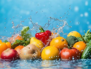 Poster - Fresh fruits including oranges apples and berries splashing into clear water on a white background