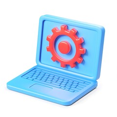 Aufkleber - 3D Laptop Icon with Gear, Setting Up, White Background, Graphic
