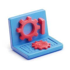 Poster - 3D Laptop Icon with Gears; Settings, Maintenance, Software, Update,  White Background