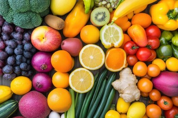 Poster - Assorted fresh fruits and vegetables displayed on a wooden table in natural light