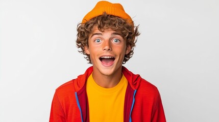 Wall Mural - Young man with red and yellow clothing and a yellow hat is smiling