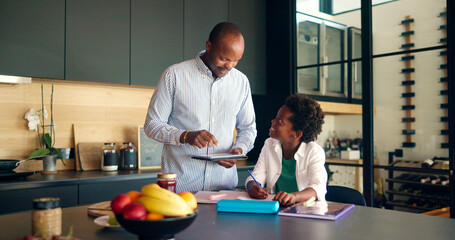 Poster - Homework, kid or father with tablet in home for elearning lesson, learning support or study. Black family, student or books for academic project, knowledge development or online assessment in kitchen