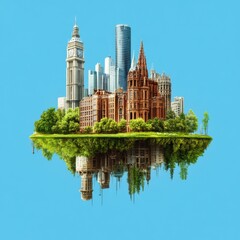Poster - Floating Island Metropolis: A Composite Cityscape Reflecting in Calm Waters Against a Blue Sky Backdrop, Showcasing Architectural Harmony.