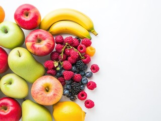 Poster - Assorted pile of fresh fruit including apples bananas and oranges on a white surface