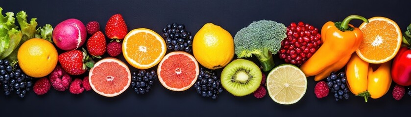 Aufkleber - Fresh fruits and vegetables arranged in a row on a wooden table for healthy eating and cooking