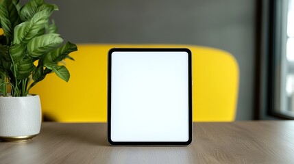 White tablet sits on a table next to a potted plant
