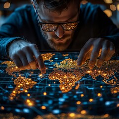 Poster - Global Network Analysis: Man Examining a Digital World Map with Lighted Cities Reflected in Glasses, Showcasing Interconnectivity and Technology.