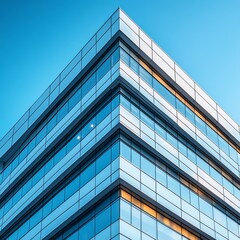 Fototapete - Glass Facade Architecture: Modern Building Corner Reflecting a Bright Blue Sky, Showcasing Contemporary Design and Geometric Precision