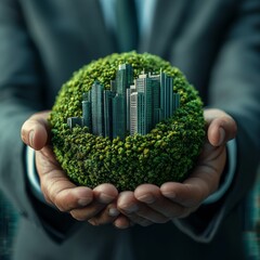 Leinwandbilder - Holding the Future: Sustainable Urban Development in Hands, a miniature green city nestled in human hands, symbolizing environmental responsibility and sustainable growth.