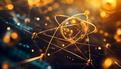 Poster - Abstract atom model, futuristic backdrop, scientific research concept