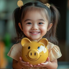 Poster - Little Saver: Adorable Girl with Smiling Piggy Bank Promotes Financial Literacy and Future Savings, Encouraging Smart Money Management from an Early Age.