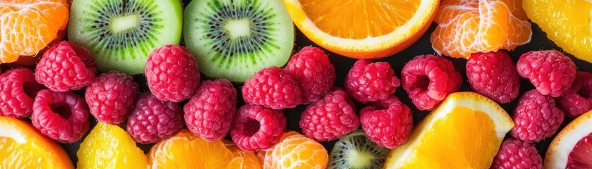 Poster - A variety of colorful fruits arranged together on a wooden table in natural light