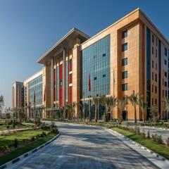 Aufkleber - modern architecture: a stunning building with blue glass facade and lush landscape under a clear sky