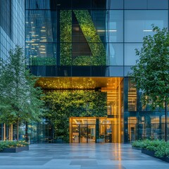Poster - Modern Office Building Exterior with Green Walls and Reflective Glass at Dusk, showcasing eco-friendly design and contemporary architecture.