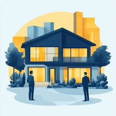 Aufkleber - real estate investment: two men evaluating a modern home with cityscape backdrop, envisioning future