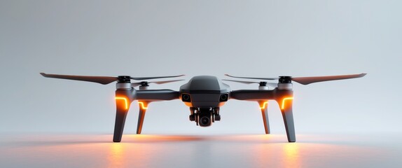 Poster - Sleek Black Drone With Orange Lights Ready To Fly.