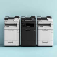 Aufkleber - Three Multifunction Printers: Two White and One Black, Standing Side by Side Against a Light Blue Background, Office Equipment and technology Solutions.